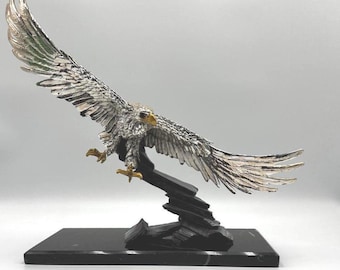 Golden Eagle - Flying Eagle Sculpture in Marble Plated with Pure Silver Metal - Desk Eagle