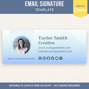 以下が含まれることがあります： 青色のグラデーション背景のデジタルメール署名テンプレート。テンプレートには、女性の写真、名前、連絡先情報が含まれています。「EMAIL SIGNATURE TEMPLATE」のテキストが上部にあります。Canvaのロゴは右上隅にあります。