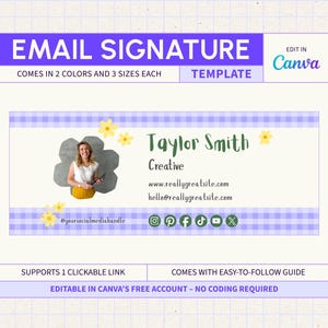 以下が含まれることがあります： 薄紫と白のギンガムチェックのデザインのデジタルメール署名テンプレート。テンプレートには、写真、名前、連絡先情報が含まれています。「EMAIL SIGNATURE」と「EDIT IN Canva」というテキストが含まれています。