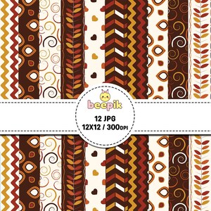 Pode incluir: Uma coleção de doze padrões de papel digital com designs de temática outonal, incluindo folhas, espirais, corações e listras em ziguezague castanhas, laranja e amarelas. A etiqueta circular central exibe o texto beepik 12 JPG 12X12 / 300DPI.