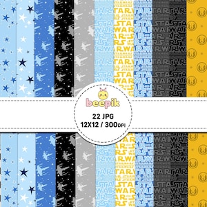 Pode incluir: Uma coleção de 22 padrões de papel digital com temas de Star Wars, incluindo campos de estrelas, caças X-wing, logotipos de Star Wars repetidos em azul, amarelo, preto e cinza, e símbolos Jedi amarelos, rotulados 12x12 / 300DPI.