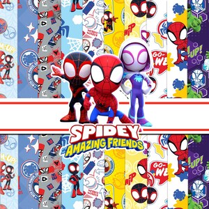 May include: A digital pattern featuring Spidey and His Amazing Friends characters including Spider-Man, Miles Morales, and Ghost-Spider. The design includes various colourful panels with comic-style graphics, spider webs, and the text Spidey and His Amazing Friends.