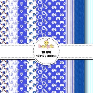 May include: A digital collection of ten blue and white patterned papers featuring Sonic the Hedgehog, diamonds, gears, globes, and game controllers. The central circular label displays the text beepik 10 JPG 12X12 / 300DPI.