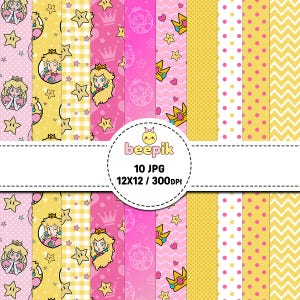 Pode incluir: Uma coleção de dez padrões digitais com a Princesa Peach, estrelas amarelas, coroas e corações em paletas de cores rosa e amarelo. A etiqueta circular central exibe o texto beepik 10 JPG 12X12 / 300DPI, com designs de bolinhas, xadrez e chevron.