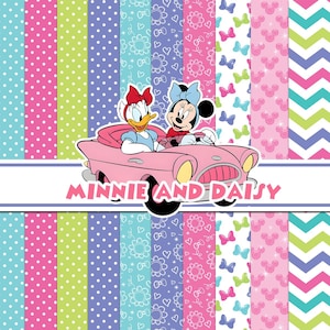 May include: A digital graphic featuring Minnie Mouse and Daisy Duck in a pink convertible car. The background consists of vertical stripes with polka dots, flowers, bows, and chevron patterns. The text MINNIE AND DAISY is printed in pink.