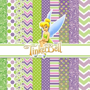 May include: A digital paper set featuring Tinker Bell with blonde hair and blue wings, set against vertical stripes of green, purple, and white patterns including polka dots, chevrons, stars, hearts, and swirls, with the text TinkerBell.