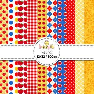 Pode incluir: Um conjunto de papel digital com doze padrões, incluindo maçãs vermelhas sobre amarelo, bolinhas azuis e vermelhas, xadrez vichy vermelho, fileiras de maçãs, losangos azuis e vermelhos, círculos de maçãs, pontos brancos sobre vermelho, trevo amarelo e damasco dourado com o texto beepik 12 JPG 12X12 / 300DPI.