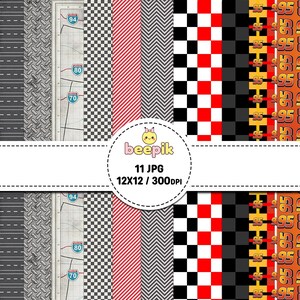 Puede incluir: Una colección digital de 11 archivos JPG con patrones de temática de carreras que incluyen cuadros blancos y negros, rayas rojas y blancas, texturas de chapa estriada gris, mapas de carreteras con señales y fondos naranjas con el número 95.