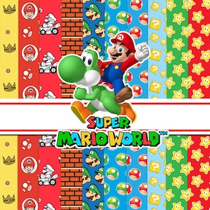 May include: A digital graphic featuring Mario riding Yoshi centered over a background of vertical stripes with patterns of crowns, Mario faces, go-karts, brick walls, Luigi faces, mushrooms, question blocks, and stars with the text Super Mario World.