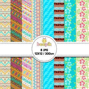 Puede incluir: Una colección de ocho patrones digitales con diversos diseños que incluyen formas geométricas, motivos de olas y flores de hibisco en colores vibrantes como rosa, turquesa, naranja y marrón. El centro incluye el texto beepik 8 JPG 12X12 / 300DPI.