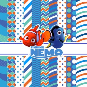 Puede incluir: Un gráfico digital que presenta el logotipo de Finding Nemo con personajes de pez payaso naranja y pez cirujano azul. El fondo consta de franjas verticales con patrones de lunares, chevrones, ondas y líneas diagonales en naranja, azul y turquesa.