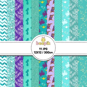 Pode incluir: Uma coleção de onze padrões de papel digital com designs em turquesa, roxo e dourado, incluindo chevron, glitter, damasco, silhuetas de um personagem, lâmpadas mágicas e tapetes voadores. O texto central diz beepik 11 JPG 12X12 / 300DPI.