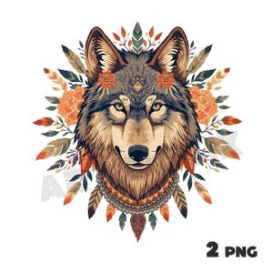 Pode incluir: Ilustração detalhada da cabeça de um lobo, adornada com flores e penas laranja. O lobo tem pelo castanho e cinzento, com um colar decorativo. A imagem está sobre um fundo branco.