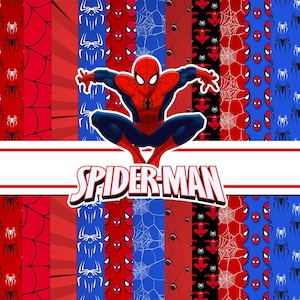 Może przedstawiać: Cyfrowa grafika przedstawiająca Spider-Mana w kucającej pozie, umieszczona na tle pionowych pasów z wzorami pajęczyn, ikon pająków i masek Spider-Mana w kolorach czerwonym, niebieskim i czarnym, z napisem Spider-Man poniżej.