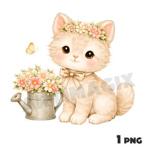 Pode incluir: Ilustração em aquarela de um gatinho fofo usando uma coroa de flores e um laço. Um regador cheio de flores está ao lado do gatinho, com uma borboleta. A imagem tem uma paleta de cores suaves e pastel.