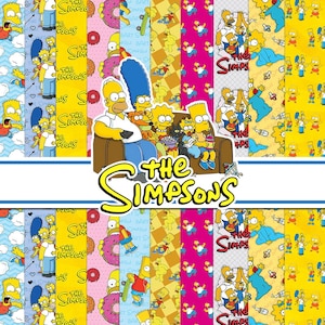 May include: A digital paper pack featuring The Simpsons characters in various patterns. Designs include Homer, Marge, Bart, Lisa, and Maggie on backgrounds of yellow, pink, blue, and checkered prints, with the show logo centered in the middle.