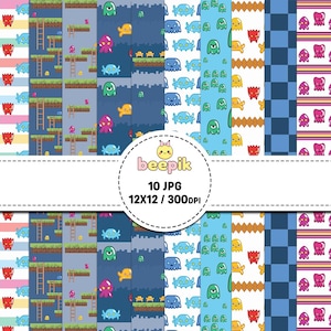 seamless pattern monster pixel game, paper digital scrapbook