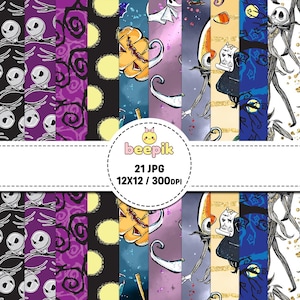 May include: A digital collection of 21 JPG files featuring patterns inspired by The Nightmare Before Christmas, including Jack Skellington, Zero, and pumpkins. The central circular label displays the text beepik 21 JPG 12X12 / 300DPI.