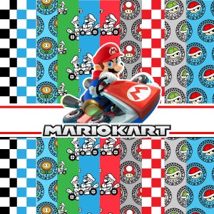 May include: A digital pattern featuring Mario driving a red kart, surrounded by vertical stripes of black and white checkers, red and white checkers, and blue, green, and gray bands with icons of Mario, fire flowers, mushrooms, and shells.