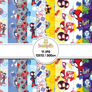 Puede incluir: Una colección de once patrones digitales con personajes de Spider-Man y Hulk, motivos de telaraña y gráficos estilo cómic en rojo, azul, amarillo y morado. La imagen incluye el texto beepik, 11 JPG y 12X12 / 300DPI en un círculo central.