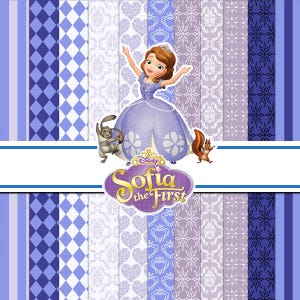 Può includere: Un set di carta digitale con Sofia la Principessa, un coniglio e uno scoiattolo, su pannelli verticali con motivi viola e blu tra cui rombi, cuori, volute e fiocchi di neve, con il logo di Sofia la Principessa posizionato al centro.