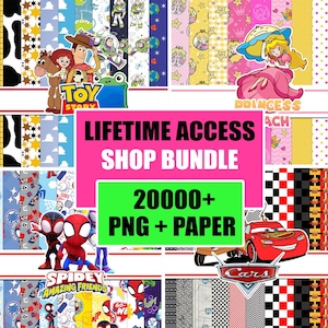 May include: A digital collection of 20000+ PNG and paper files featuring various character themes including Toy Story, Princess Peach, Spidey and His Amazing Friends, and Cars. The central text reads LIFETIME ACCESS SHOP BUNDLE 20000+ PNG + PAPER.