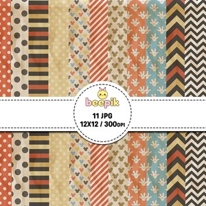 Pode incluir: Uma coleção de onze padrões de papel digital com vários designs, incluindo bolinhas, listras horizontais, listras diagonais, chevrons, silhuetas de cabeça de rato e ícones de luvas em laranja, preto, creme e azul. Texto: beepik 11 JPG 12X12 / 300DPI.