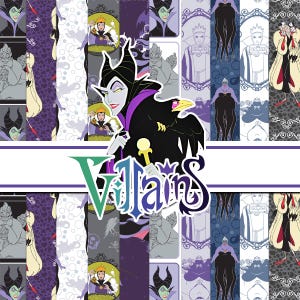 Pode incluir: Um pacote de papel digital com padrões repetitivos de personagens animados, incluindo Malévola, a Rainha Má, Úrsula e Cruella de Vil em tons de roxo, preto e branco. Um gráfico central exibe a palavra Villains com a personagem Malévola.