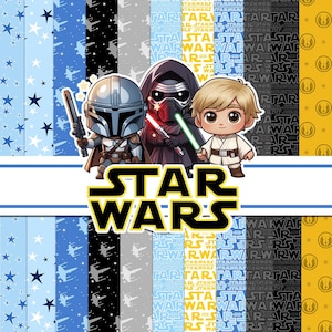 Puede incluir: Un gráfico digital que presenta el logotipo de Star Wars con ilustraciones estilo chibi de The Mandalorian, Kylo Ren y Luke Skywalker. El fondo consta de paneles verticales con patrones de estrellas, X-wings y símbolos Jedi.