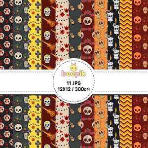 Pode incluir: Um conjunto de papel digital com onze padrões verticais com motivos do Dia dos Mortos, incluindo caveiras de açúcar, guitarras, flores, cruzes e listras em ziguezague em laranja, preto, vermelho e amarelo. O centro exibe o texto beepik 11 JPG 12X12 / 300DPI.