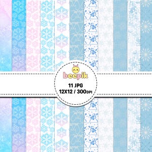 Pode incluir: Uma coleção digital de 11 padrões com tema de inverno, incluindo flocos de neve, bonecos de neve e luvas em tons de azul, branco e rosa. A imagem inclui o texto "beepik" e "11 JPG 12X12 / 300DPI" dentro de um emblema branco circular.