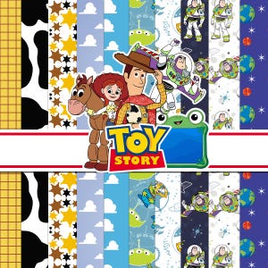 Może przedstawiać: Kolekcja papieru cyfrowego z postaciami z Toy Story, w tym Woodym, Jessie, Bullseye i Buzzem Astralem. Wzory obejmują łaty krowie, żółte gwiazdy, niebieskie niebo z chmurami, zielonych kosmitów oraz motywy kosmiczne z planetami i gwiazdami.