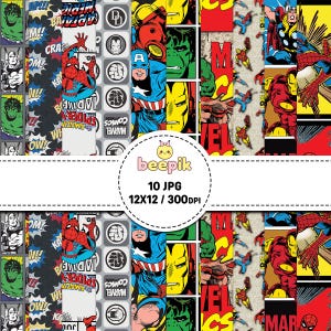 May include: A digital collection of 10 JPG files featuring Marvel comic book character patterns including Spider-Man, Hulk, Thor, Iron Man, and Captain America. The central circular logo displays the text beepik 10 JPG 12X12 / 300DPI.