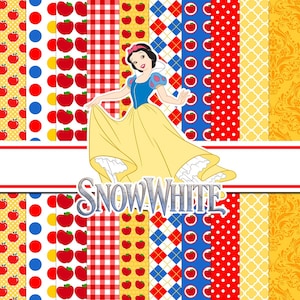 Pode incluir: Um gráfico digital com a Branca de Neve num vestido amarelo e corpete azul, centrado sobre painéis verticais de maçãs vermelhas, pontos azuis, xadrez vermelho, losangos e padrões amarelos. O texto SNOW WHITE aparece numa fonte prateada.