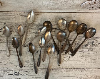 Lot of 15 Vintage Mismatched Silverplate Soup Spoons and Tea Spoons - Tarnished, Antique Silverware - Weddings, Dinner Parties