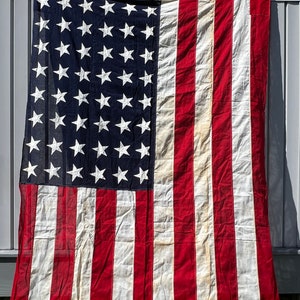 RESERVED Vintage 48 Star American Flag - Large Barn Flag - Cotton - Lightly Discolored and Tattered - 5 x 9 -  feet