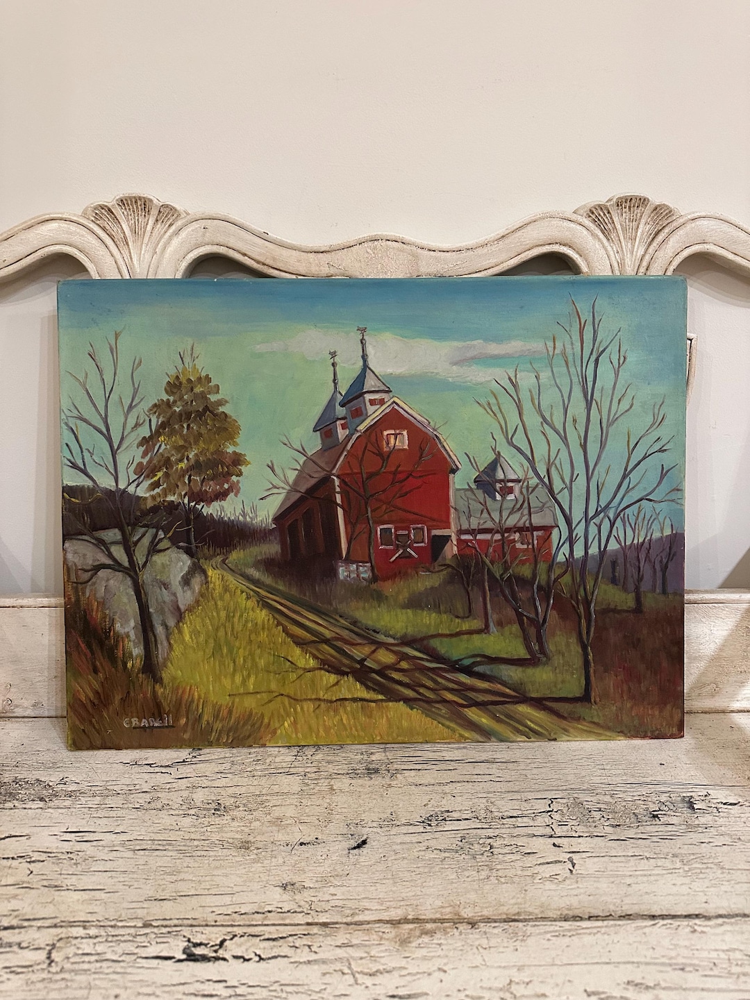 Vintage Landscape Painting - Signed Folk Art Painting - Farmhouse With ...