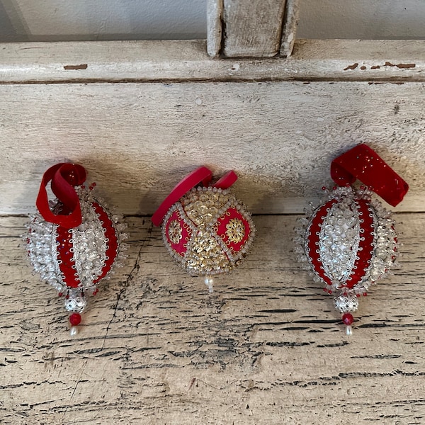 Vintage Beaded Push Pin Sequin Ornaments - Hand Made in the 1960s-70s - Set of 3