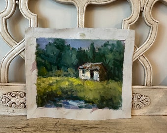 Vintage Oil on Unstretched Canvas - Small White Farmhouse - Distressed