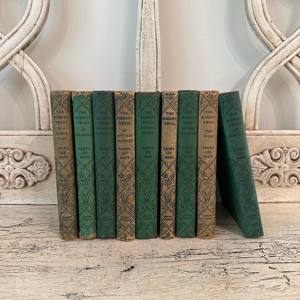 9 Vintage Bobbsey Twins Books - Instant Library - Distressed, Green Vintage Books -