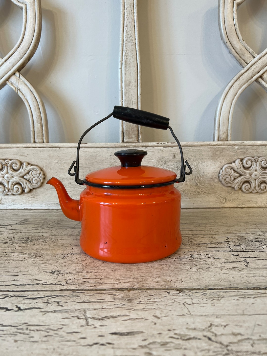 Vintage Orange Enamel Teapot Small Farmhouse Tea Kettle Etsy