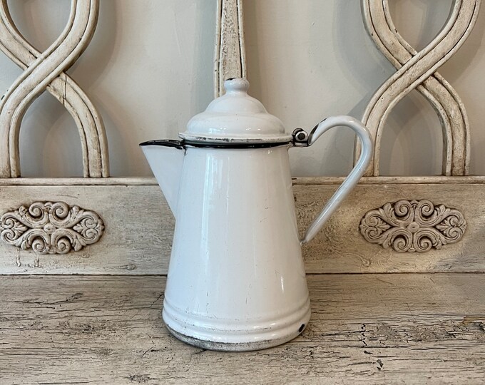 Antique White Enamel Coffee Pot / Tea Pot White With Black Etsy