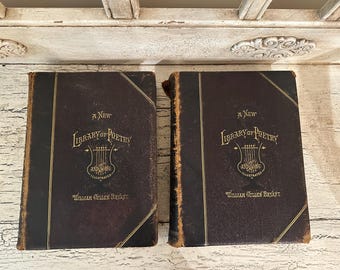 Antique Poetry Books - A New Library of Poetry, 1883 - 2 Volumes - Distressed Leather Covers