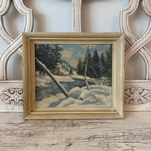 Vintage Winter Landscape Painting - Folk Art Painting - Pretty Winter Tree Scene