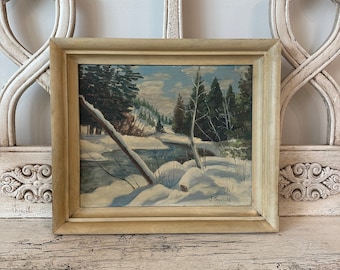 Vintage Winter Landscape Painting - Folk Art Painting - Pretty Winter Tree Scene