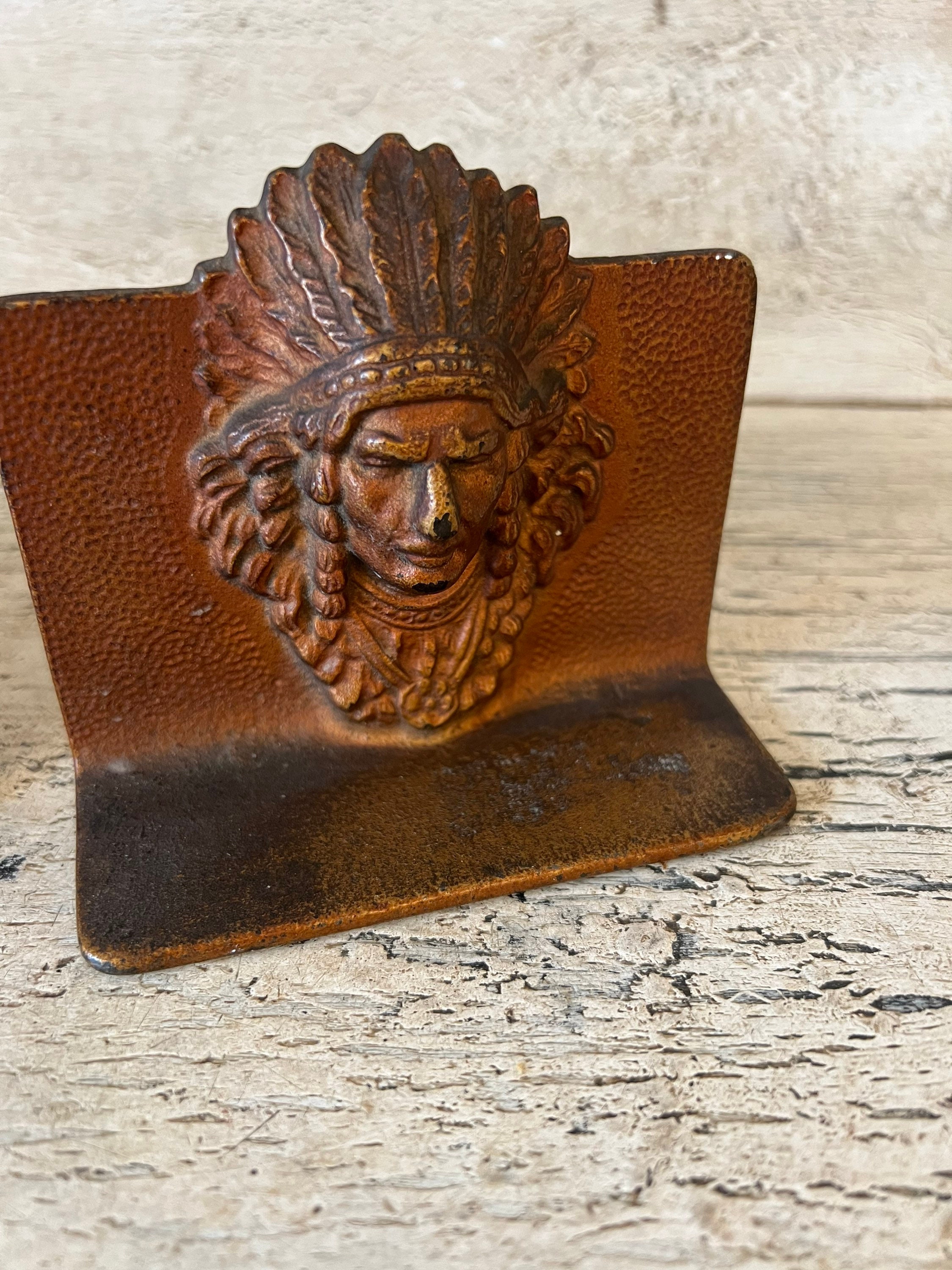 Vintage Indian Bookends Rustic Metal Book Ends Indian Heads Etsy