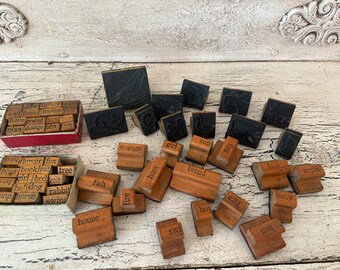 Antique Rubber Stamp Set -  Sweet Words and Images - School Stamps for Learning