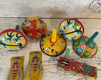 Set of 8 Vintage Tin Noisemakers - 1950s