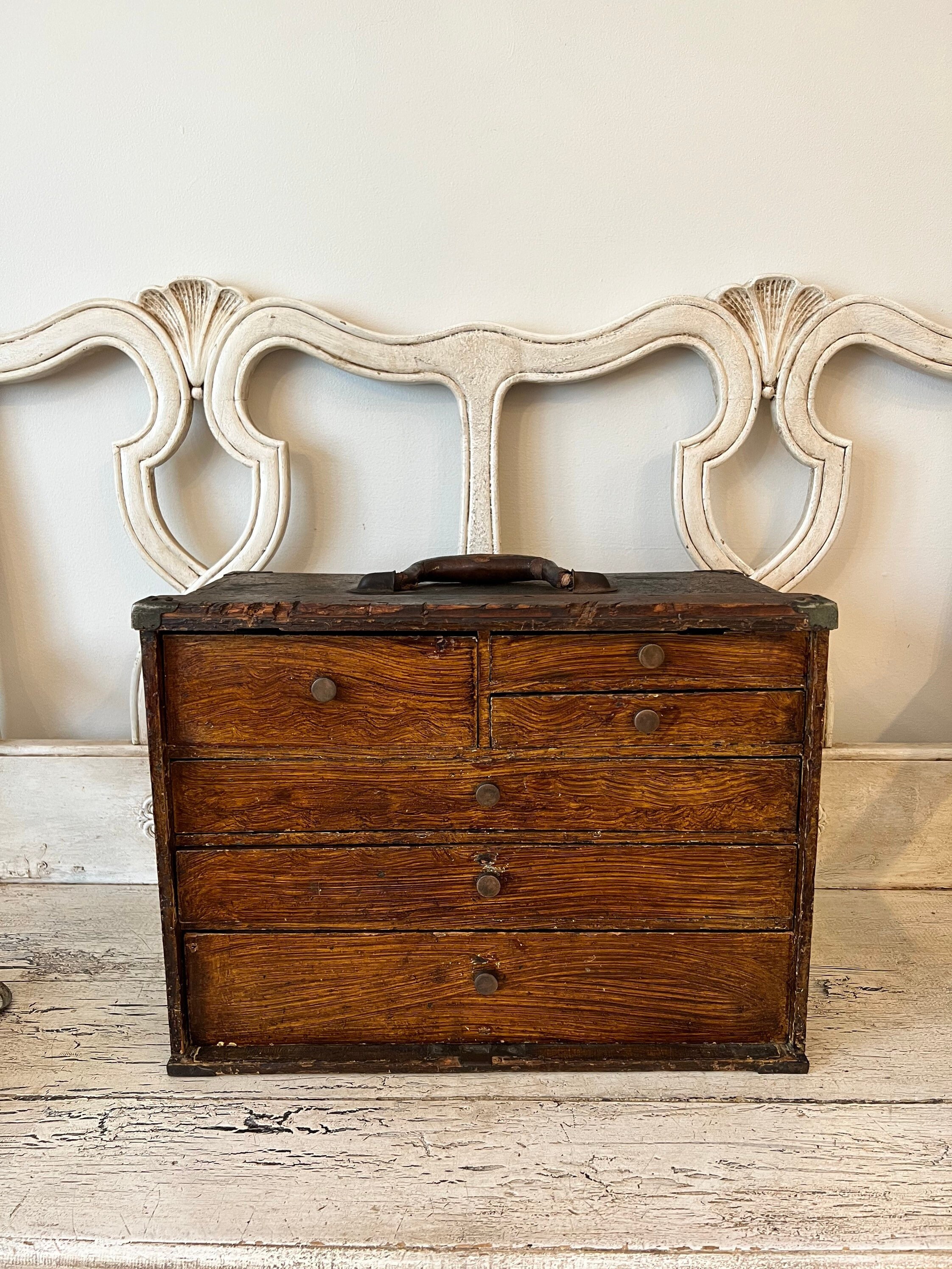 Antique Machinist Chest - Rustic, Messy - Pretty Blue Lining in Drawers for sale  