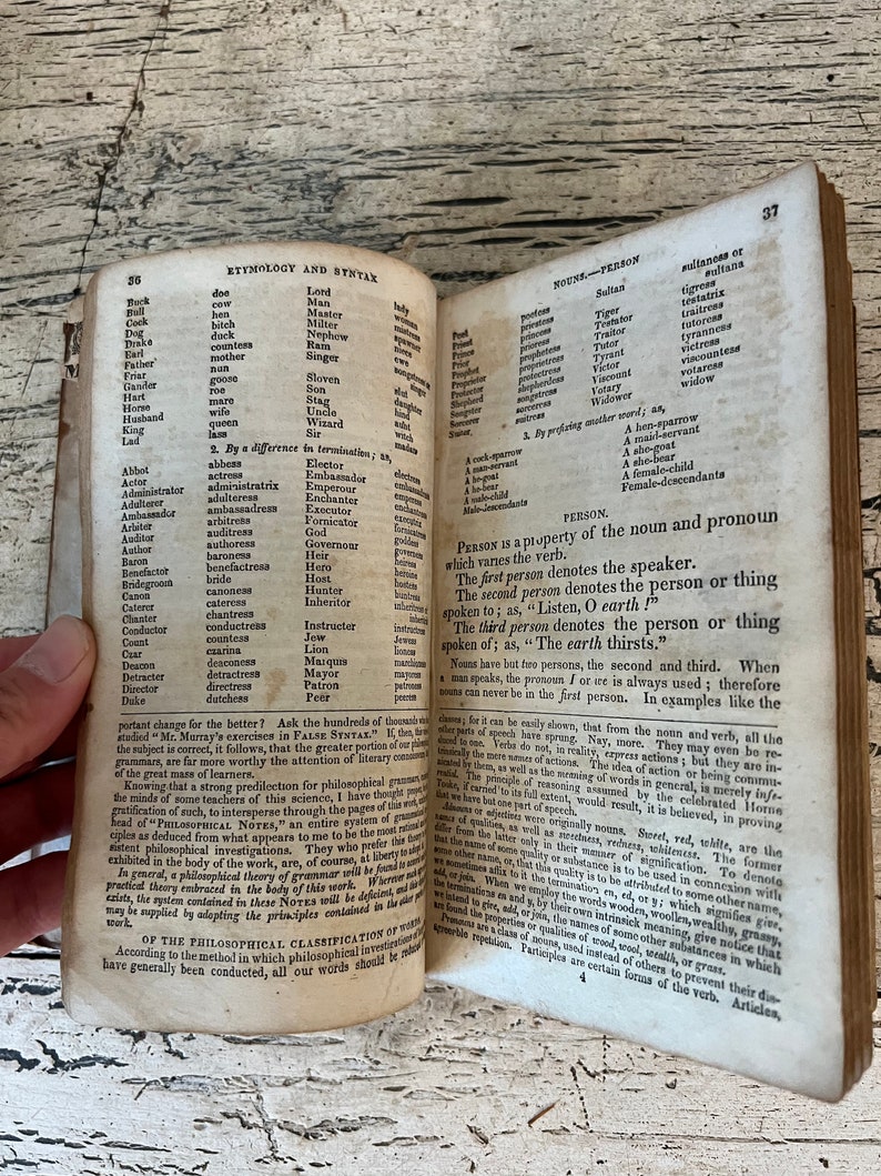 May include: An open book with a yellowed page showing a section on etymology and syntax. The page includes a list of nouns and their corresponding feminine forms, such as "Sultan" and "Sultana".